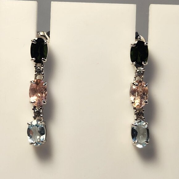 VTG NIB 925 Tourmaline Multi-Gem Dangle Drop Stud Earrings Signed 1" - Picture 8 of 14